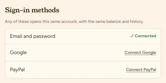 Account: sign-in methods with Connect Google and Connect PayPal