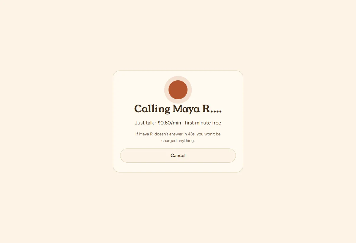 Calling screen: Calling Maya R., price and first minute free