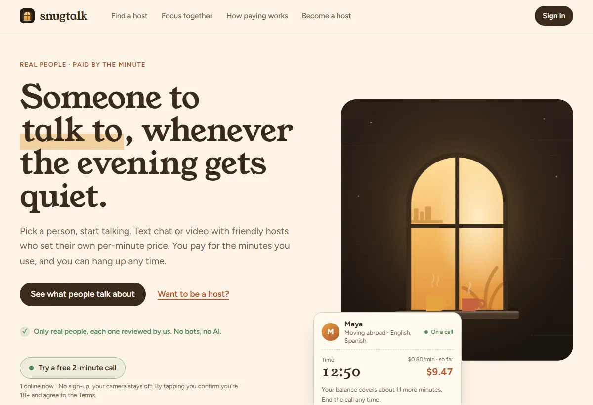 SnugTalk home page with the Try a free 2-minute call button