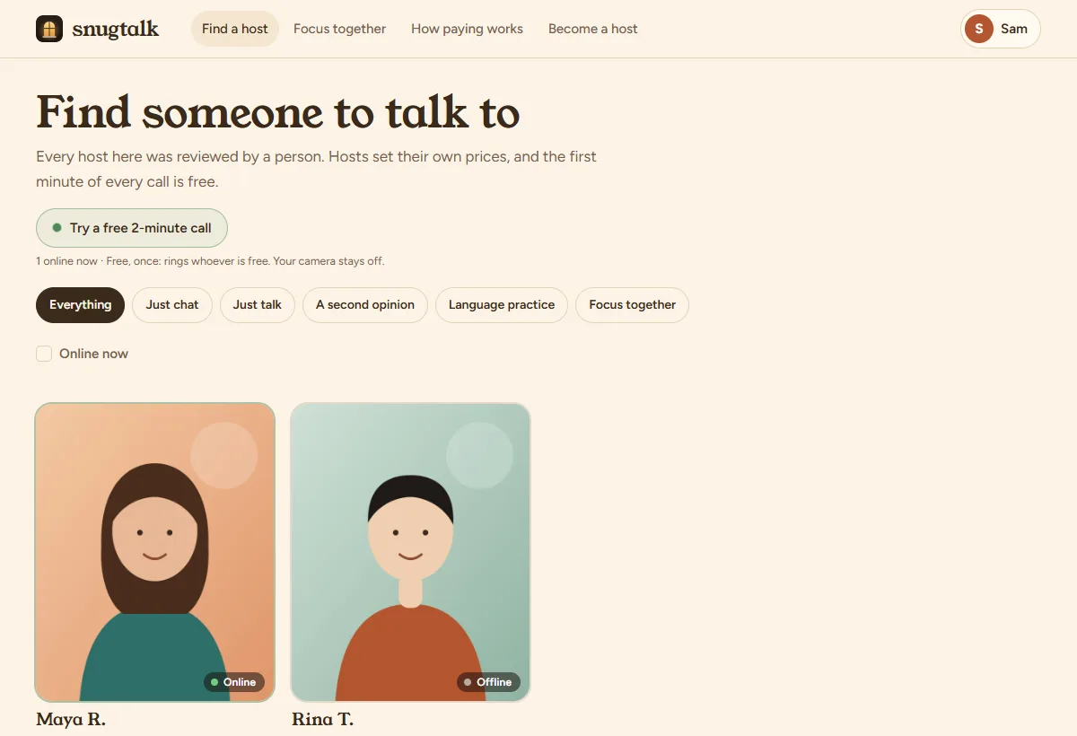 Find a host: filters and host cards with online and offline status