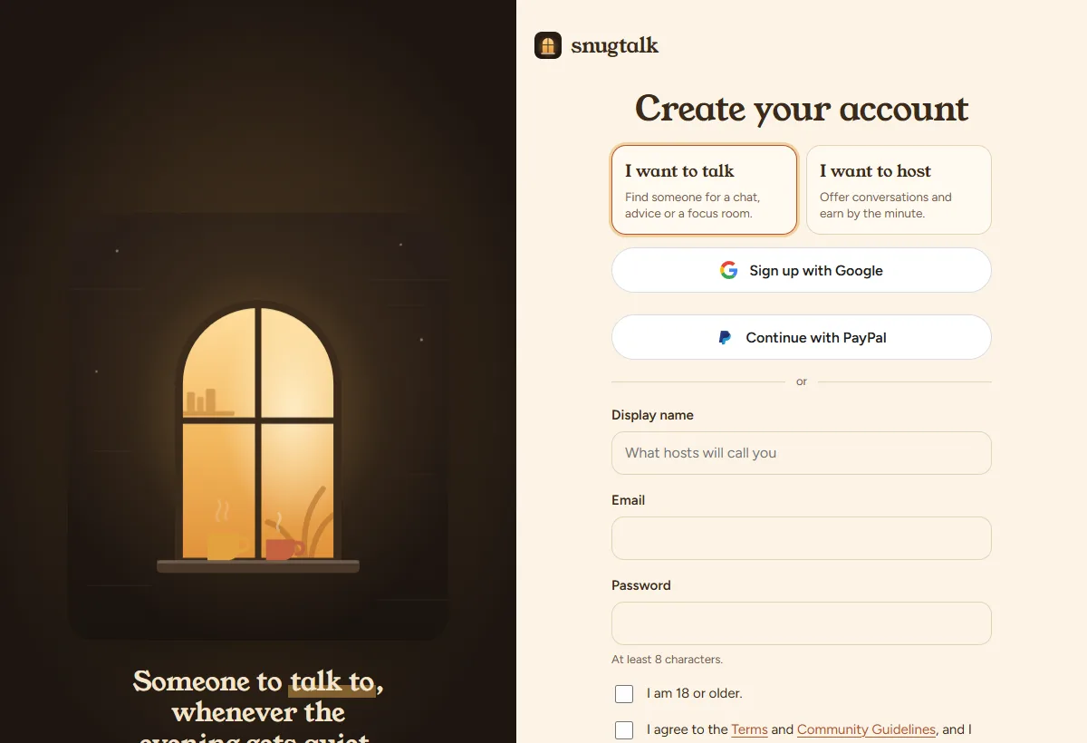 The sign-up page with Google, PayPal and email options