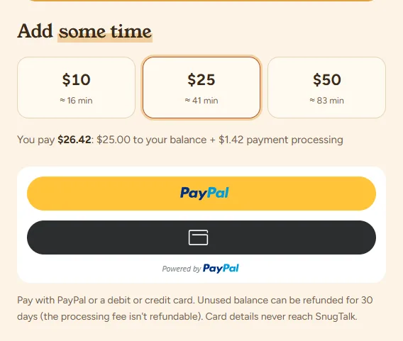 Wallet: top-up amounts and the total with the processing fee