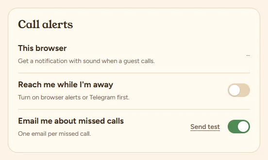 Call alerts: this browser, reach me while I'm away, email about missed calls