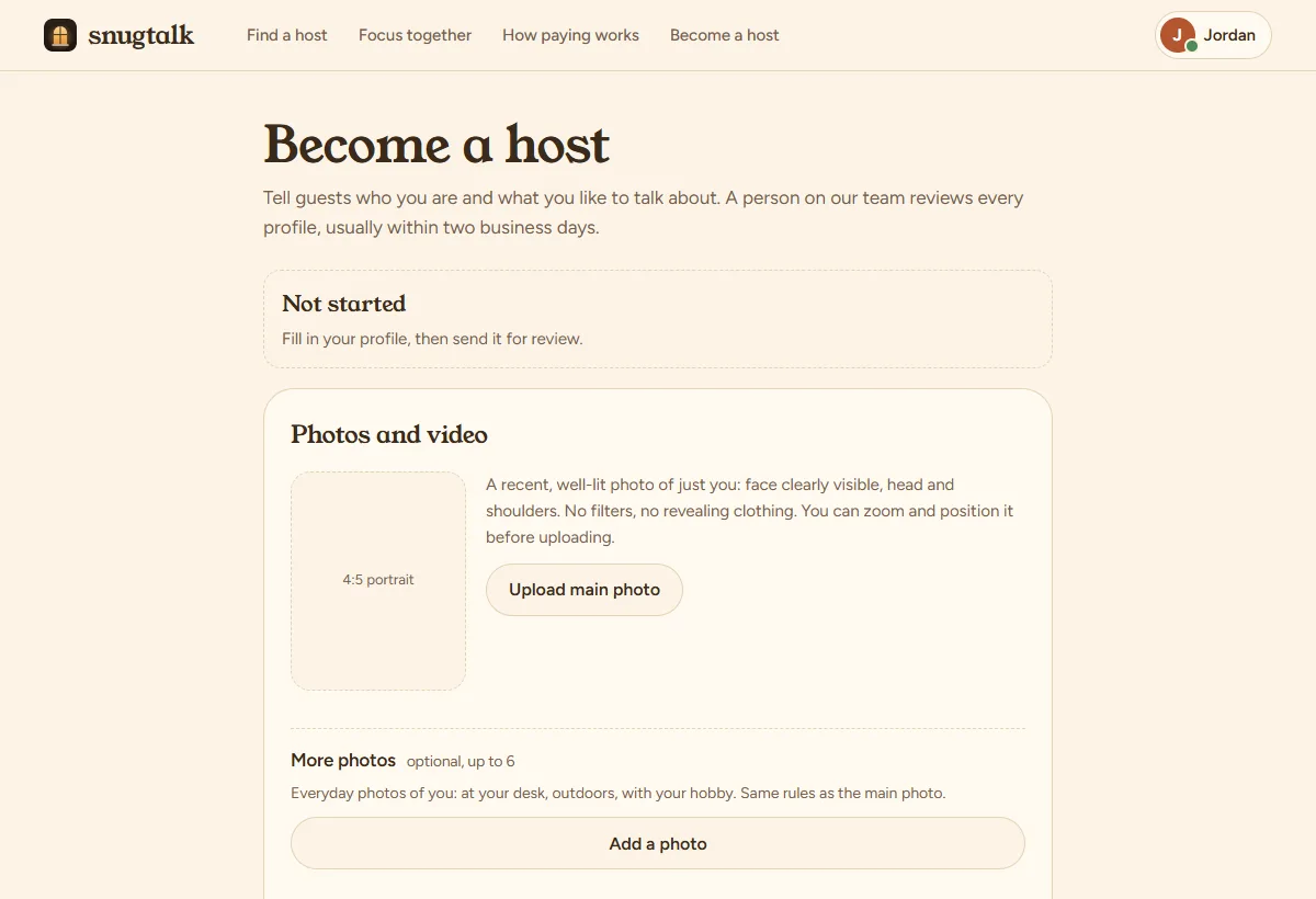 The host profile form: name, headline, photo, languages and prices