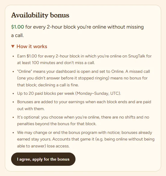 Availability bonus card with the terms and the apply button