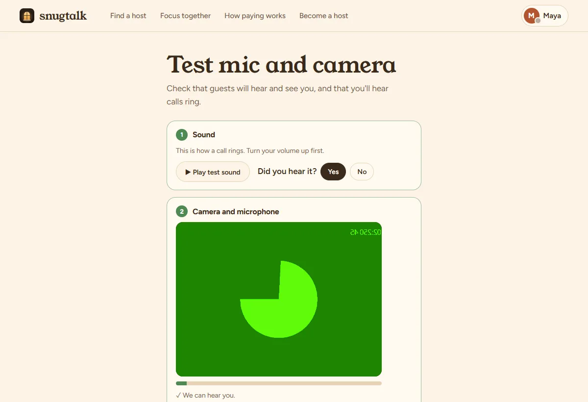 Test mic and camera: test sound, Did you hear it?, camera preview and mic level