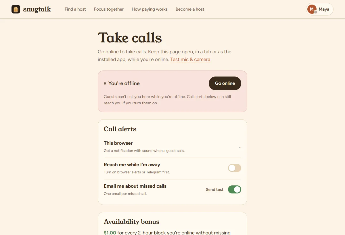 Take calls dashboard with the Go online button and call alerts