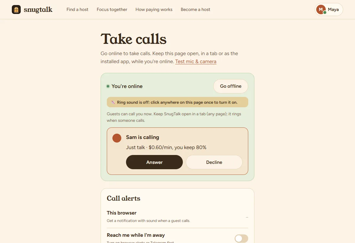 An incoming call on the host dashboard with Answer and Decline