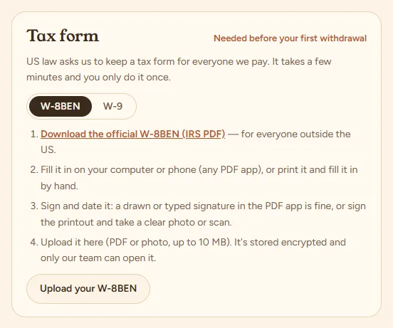 Tax form card in the Wallet with W-8BEN and W-9 choices
